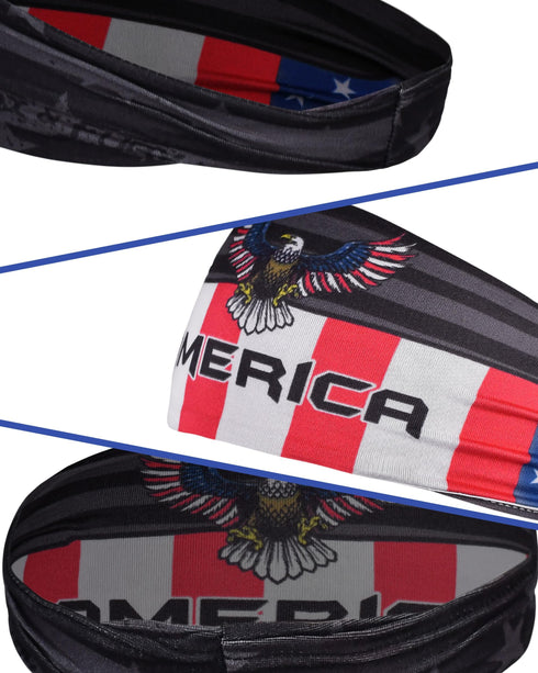 Reversible Patriotic USA Headband – 2 Styles in 1: Eagle Print on One Side & Matte Black American Flag on The Other – Non-Slip Stretch Fit for Gym, Sports, Men & Women