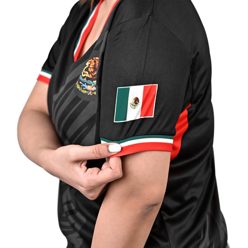 Fury Mexico Soccer Jersey -v- Neck Ripped Flag Design Black White and Green - Women
