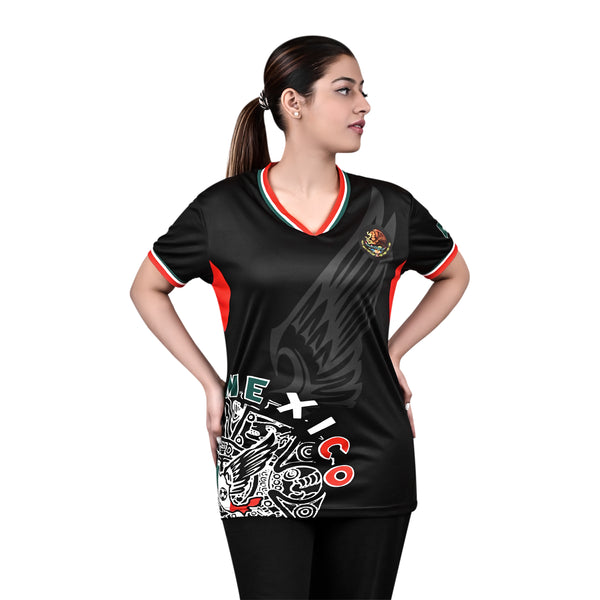 Fury Mexico Soccer Jersey -v- Neck Ripped Flag Design Black White and Green - Women